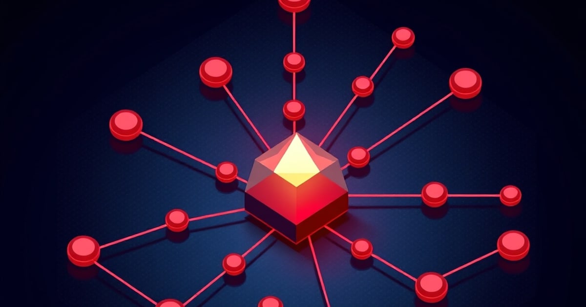 Glowing red crystal core at the center of a network of red nodes and lines on a dark navy background, evoking adversarial testing of an AI model