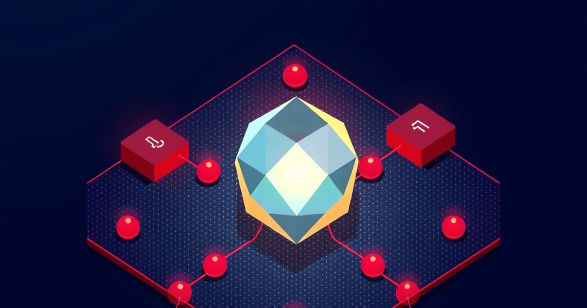 Flat isometric illustration of a faceted teal and gold gemstone between two red cubes bearing white arrow marks, on a dotted hexagonal panel.