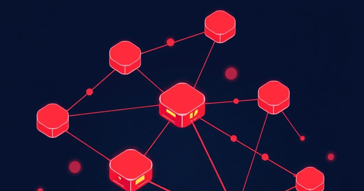 Flat isometric illustration of red hexagonal node blocks linked by red lines, the central block showing small yellow window slots.