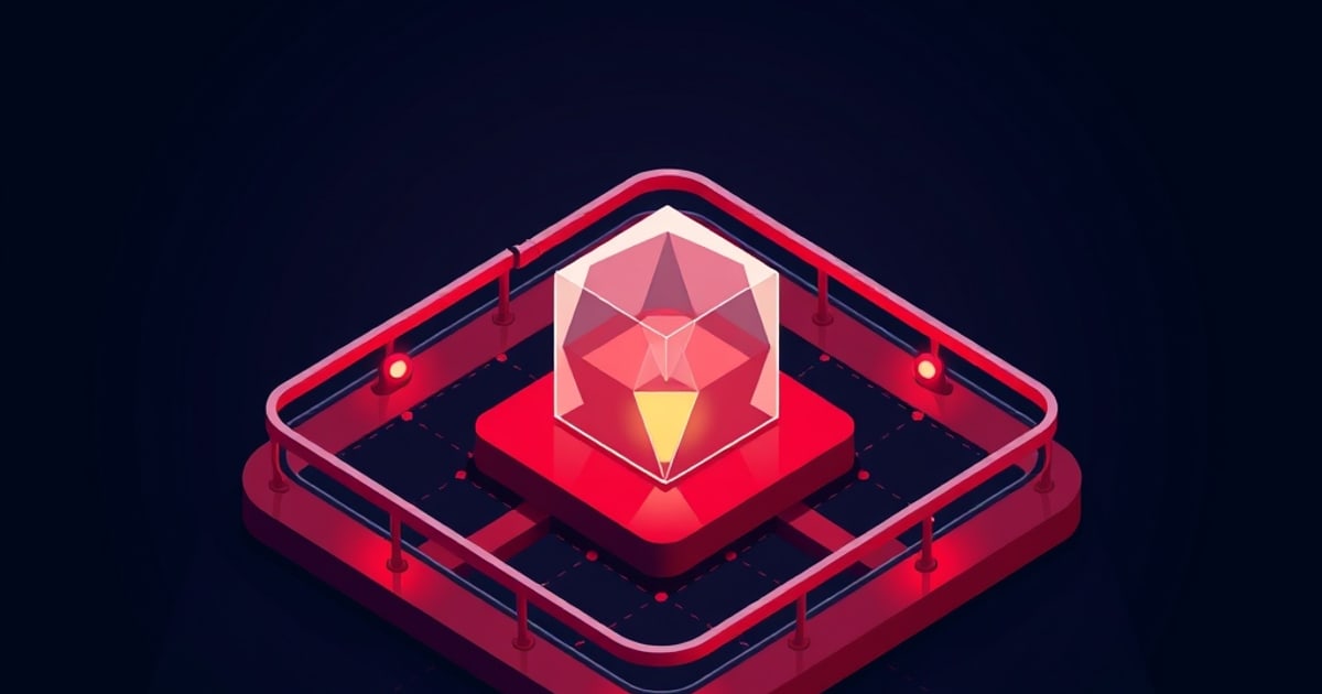 Flat isometric illustration of a glowing prism sealed in a glass cube behind a red guardrail barrier, a runtime detection filter on a platform