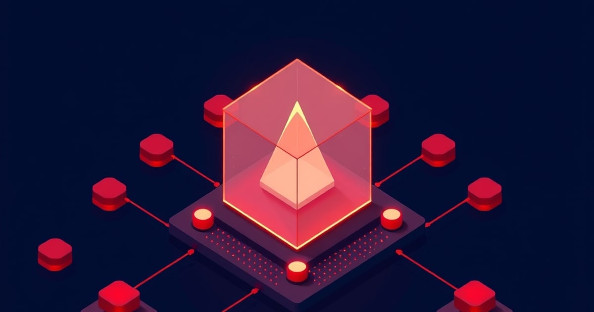 A glowing pyramid sits enclosed in a translucent cube on a circuit-lined platform, connected by red lines to surrounding node hexagons like a filtered gateway.